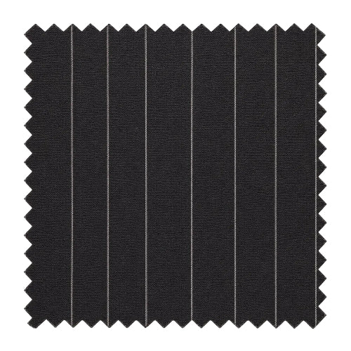 A square fabric swatch with serrated edges, showing a very dark charcoal or black material with thin, evenly spaced light gray vertical pinstripes, isolated on a white background.
