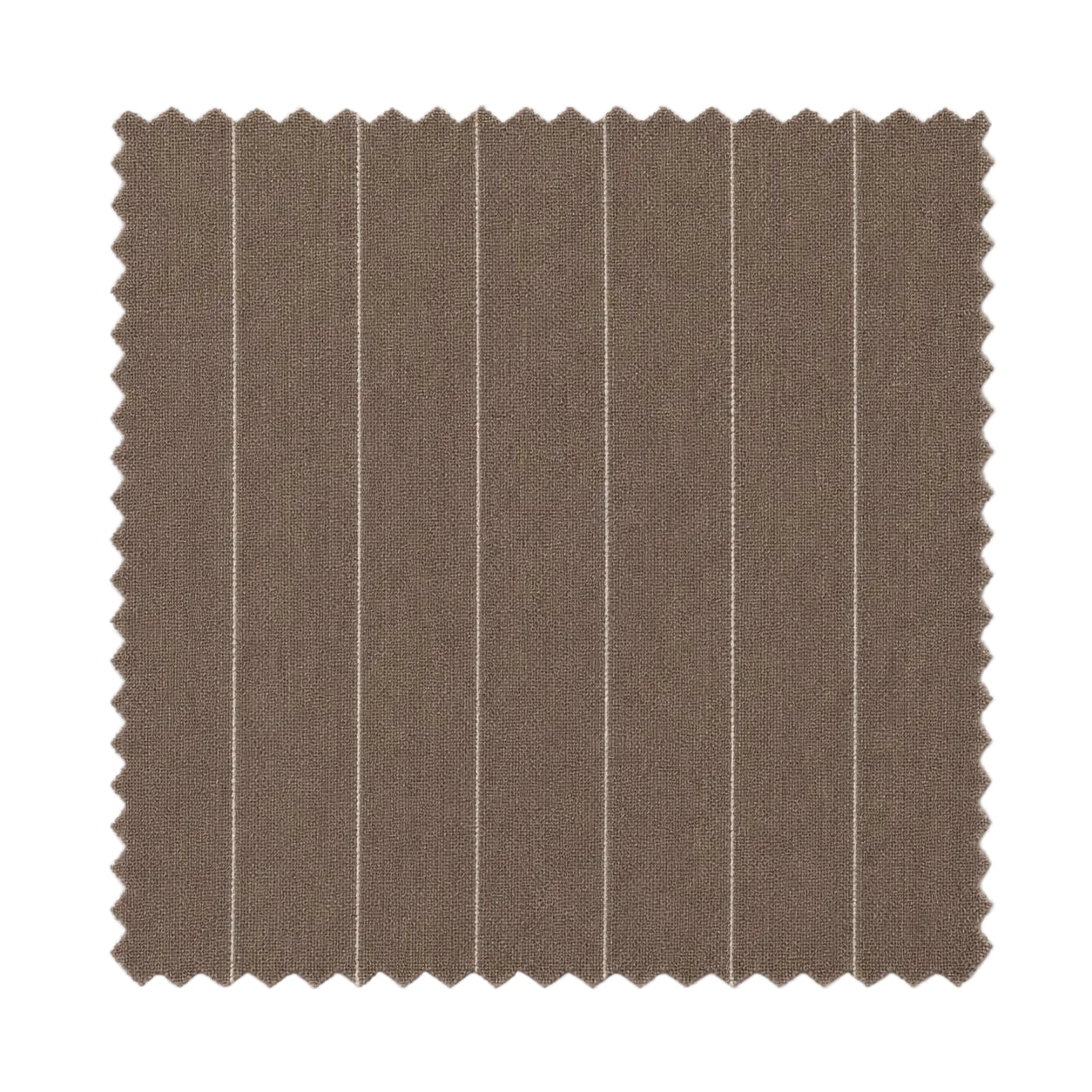 A square fabric swatch with scalloped edges, showing a medium brown material with six thin vertical white pinstripes, isolated on a white background.