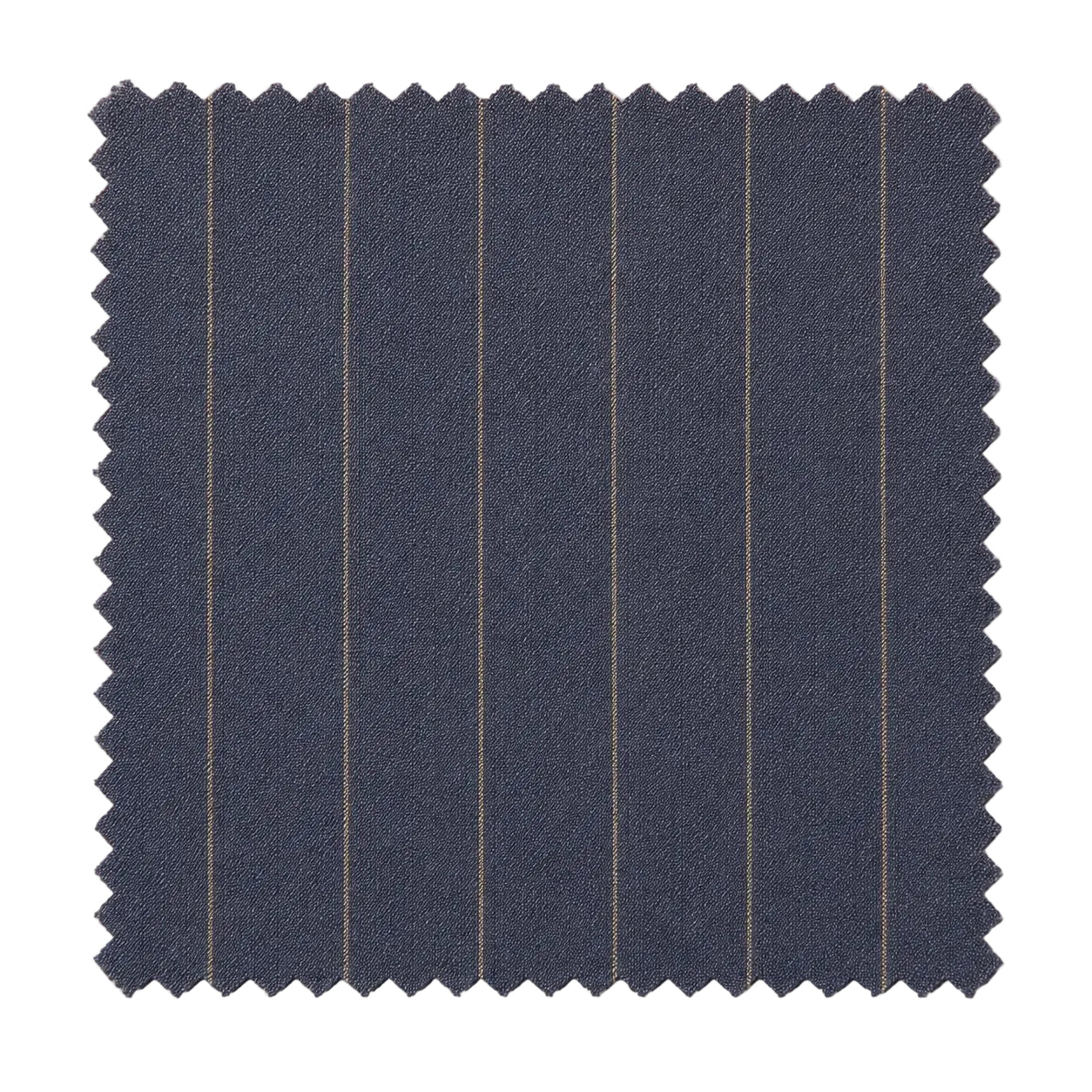 A square fabric swatch with serrated edges, showing a dark navy blue material with thin vertical tan stripes, isolated on a white background.