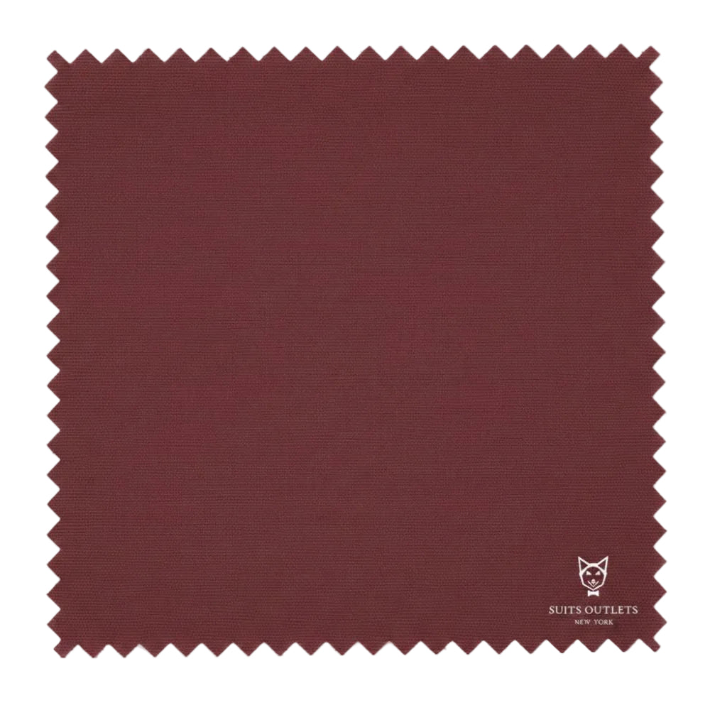 Burgundy fabric swatch with 'Suits Outlets' logo