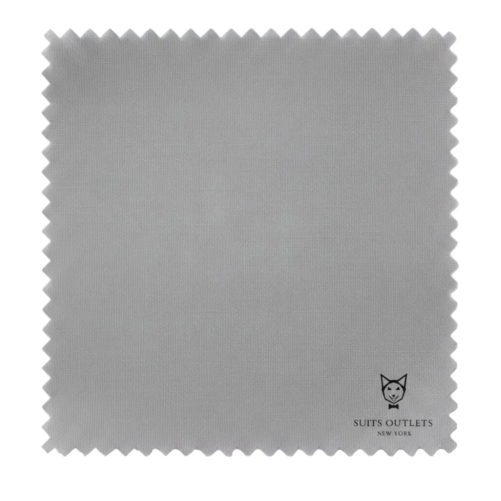 Gray fabric swatch with 'Suits Outlets New York' logo on a white background