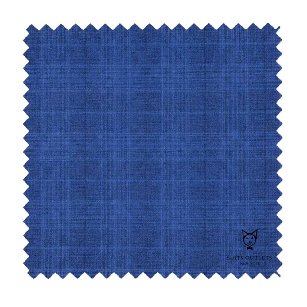 Blue checkered fabric swatch with 'Suits Outlets' branding.