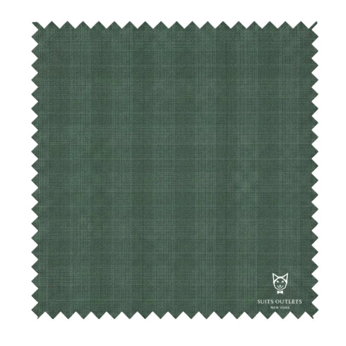 Green fabric swatch with a grid pattern on a white background, branded 'Suits Outlets'.