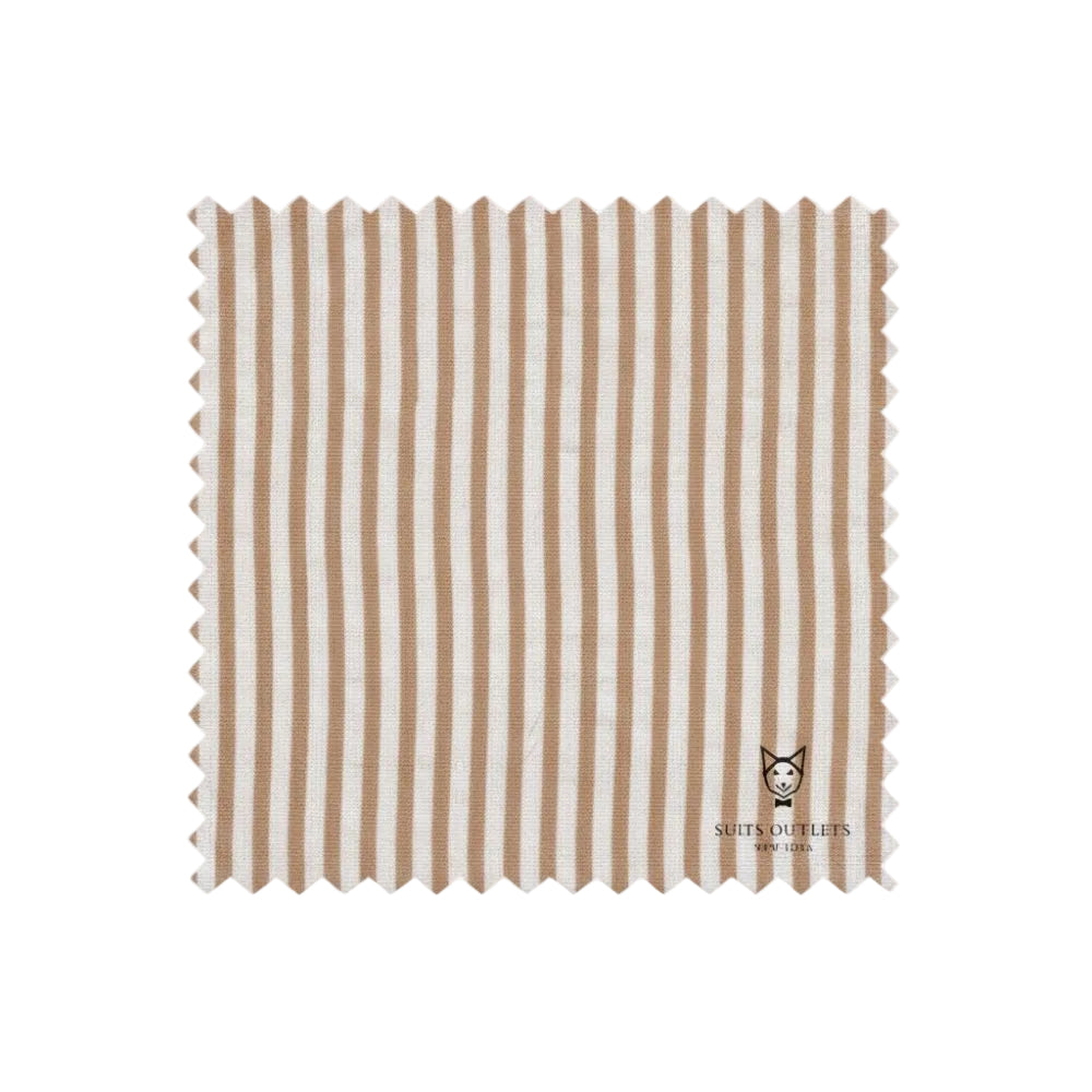 Fabric swatch with beige and white vertical stripes on a white background