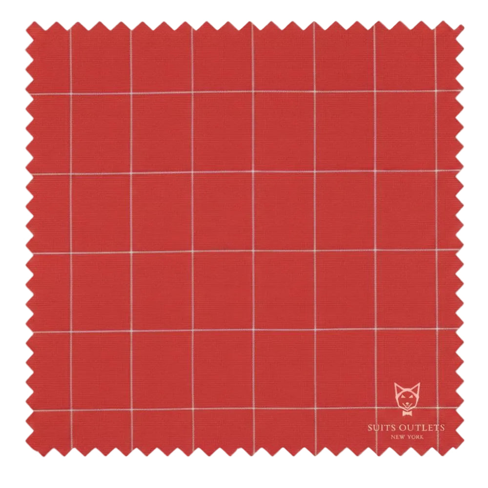 Naples Collection Baked Apple modern fit double breasted windowpane 2 piece suit fabric close-up, showing checkered pattern.