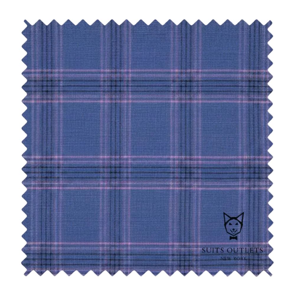 Blue plaid fabric swatch with 'Suits Outlets' logo
