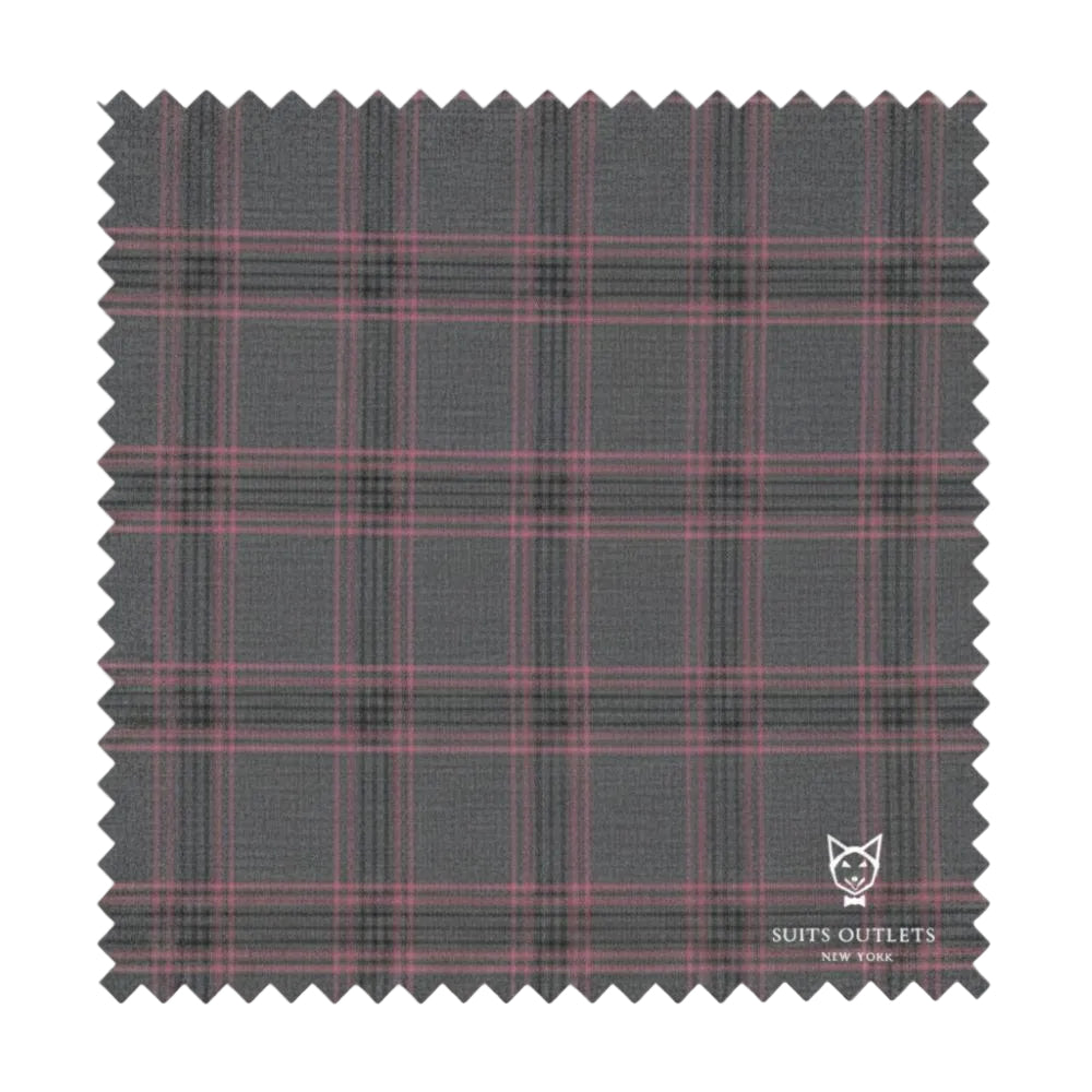 Plaid fabric sample with a visible brand logo on a white background