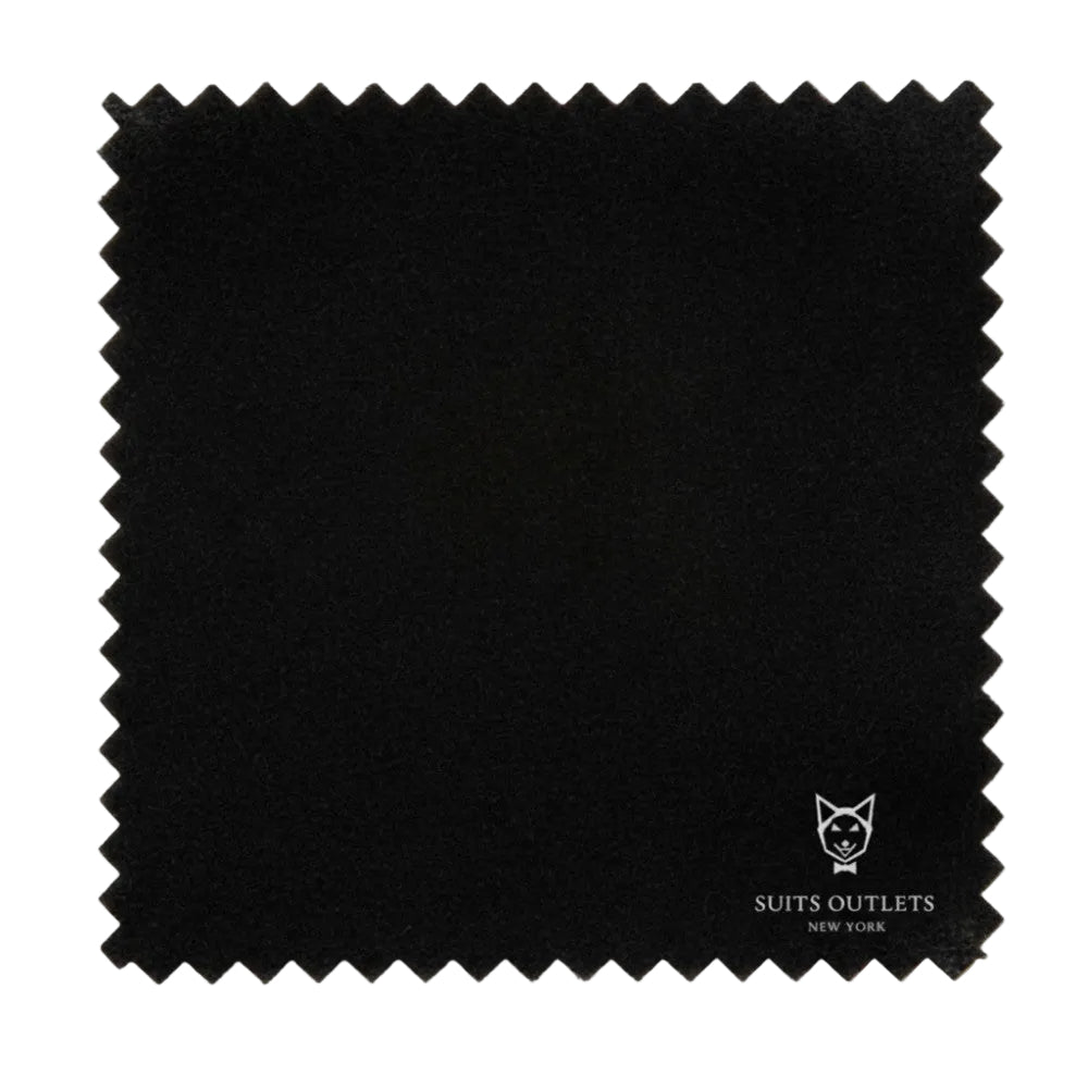 Black fabric swatch with 'Suits Outlets New York' branding on a white background