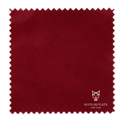 Burgundy fabric swatch with 'Suits Outlets New York' logo.