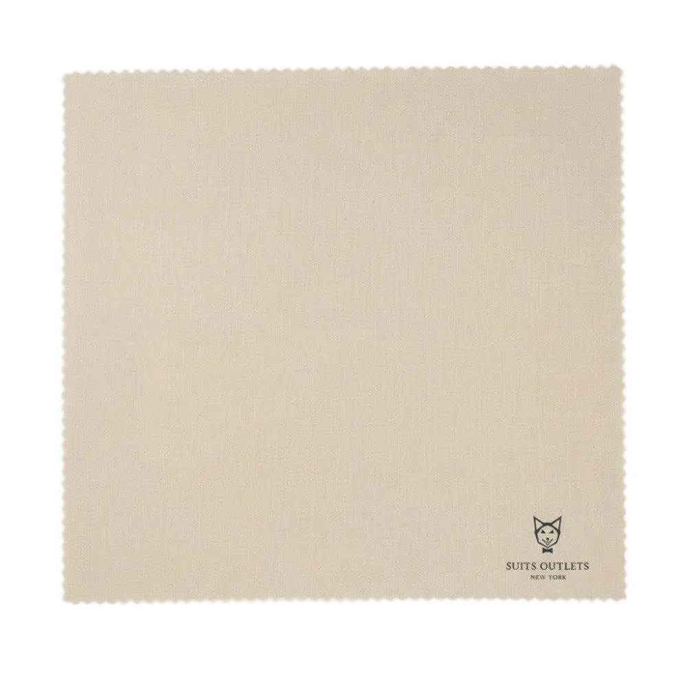 Tan fabric swatch with Suits Outlets New York logo on a white background