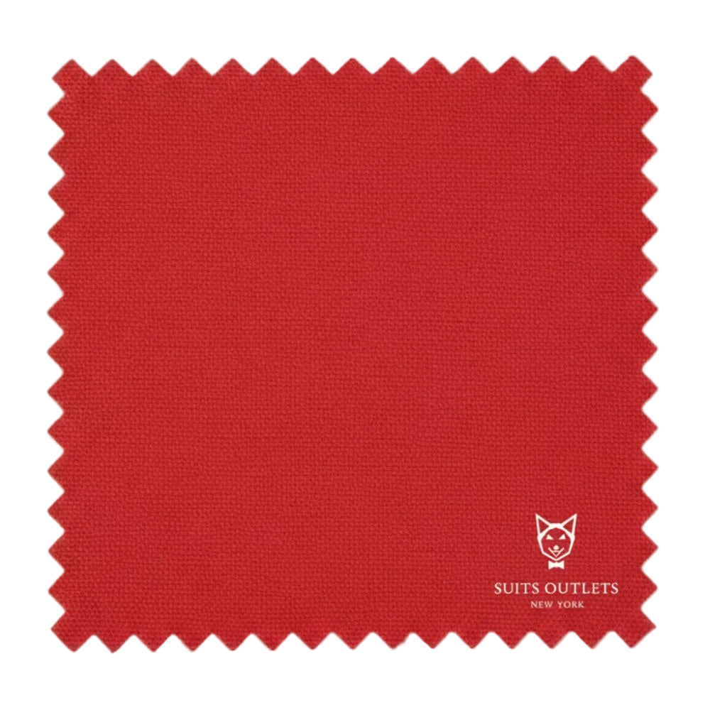 Red fabric swatch with 'Suits Outlets New York' logo on a white background