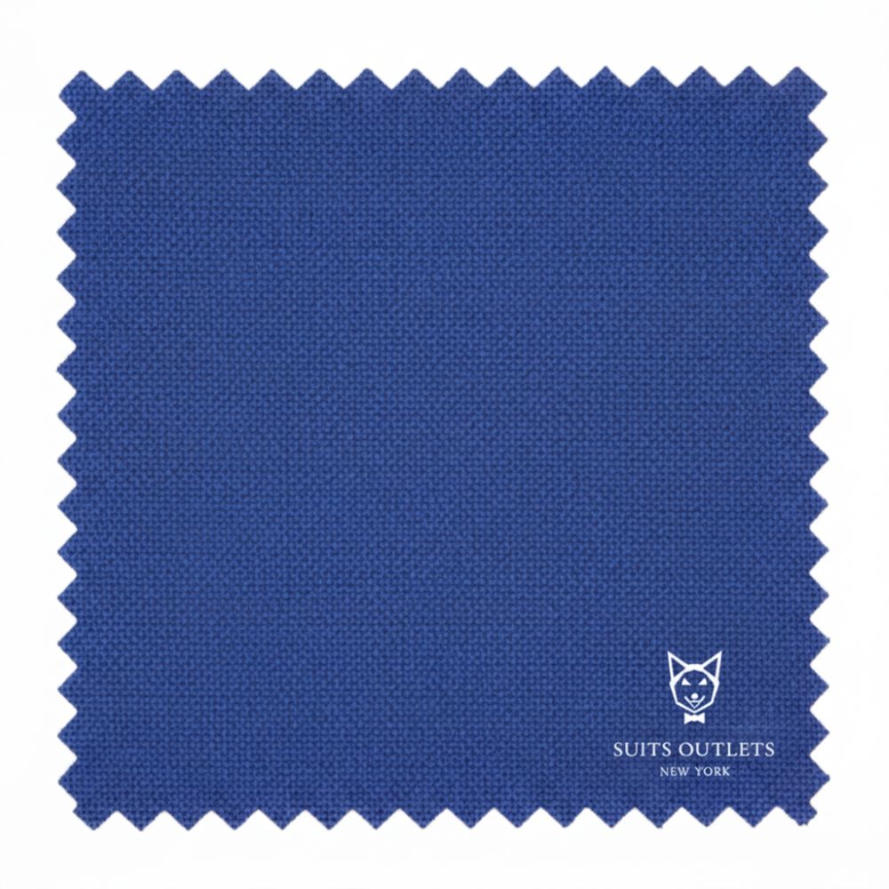 Blue fabric swatch with 'Suits Outlets New York' logo