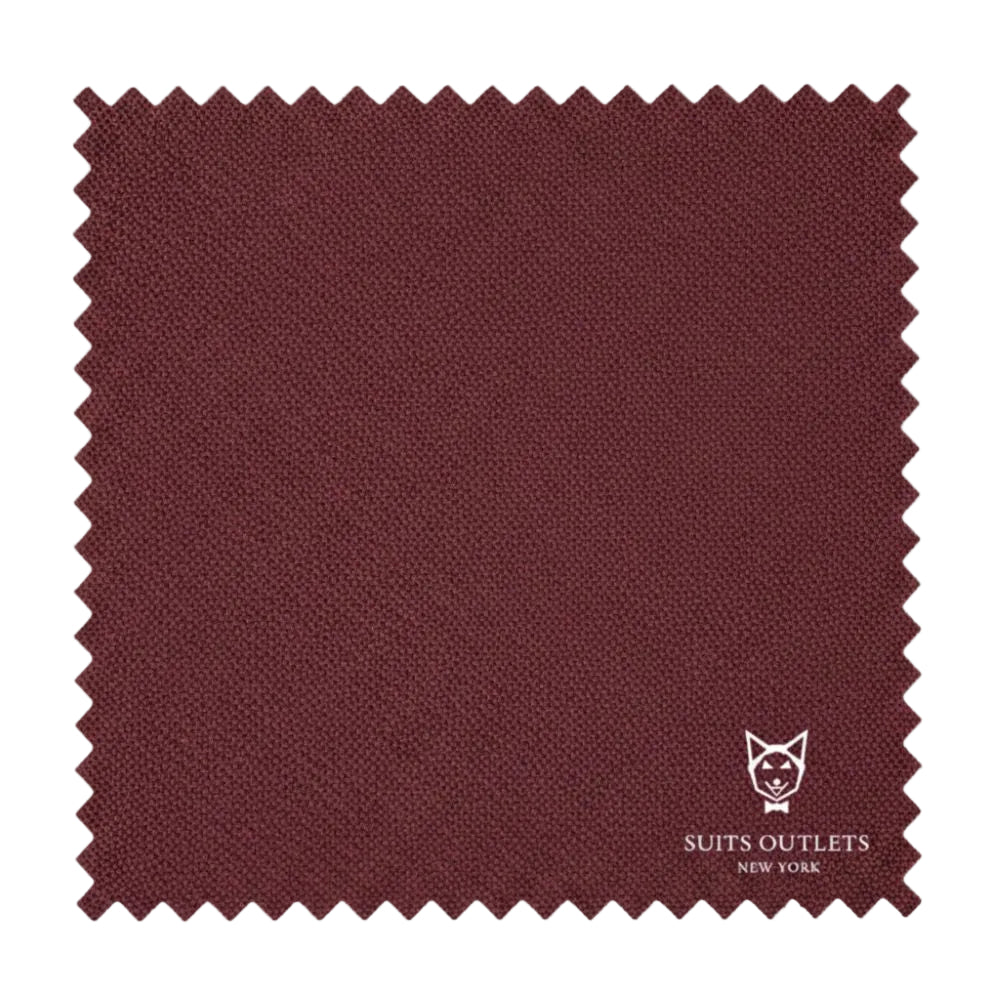 Burgundy fabric swatch with 'Suits Outlets New York' logo