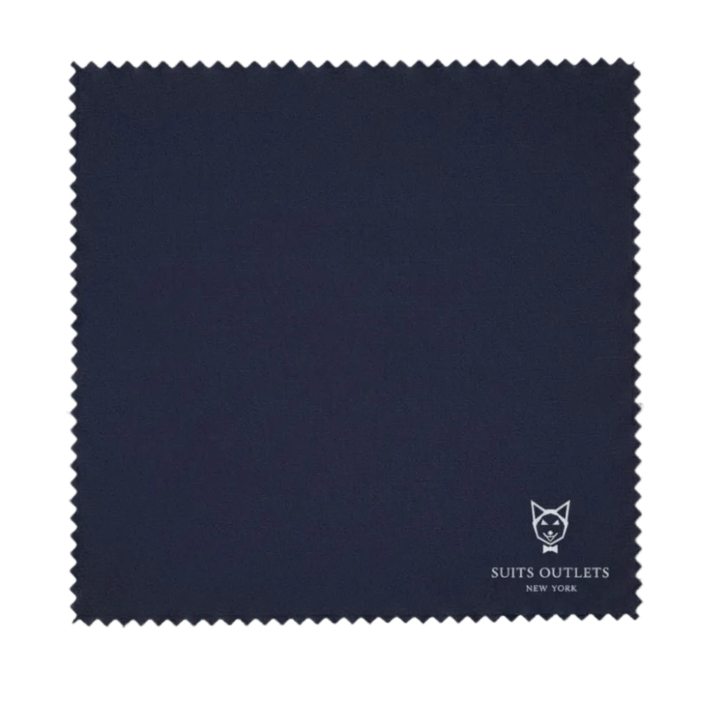 Navy fabric swatch with 'Suits Outlets New York' logo