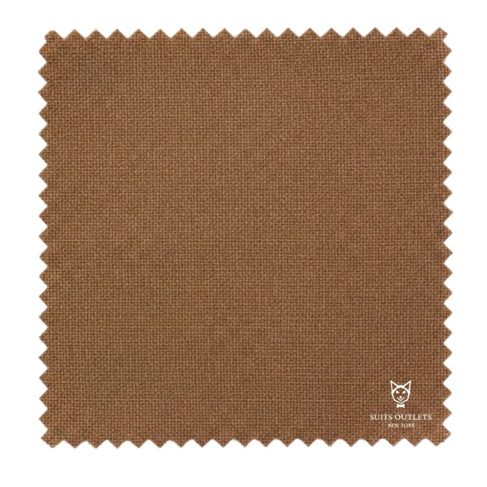 Brown fabric swatch with 'Suits Outlets' branding on a white background