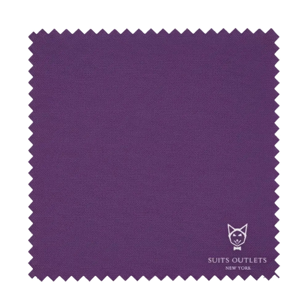 Purple fabric swatch with 'Suits Outlets New York' logo on a white background