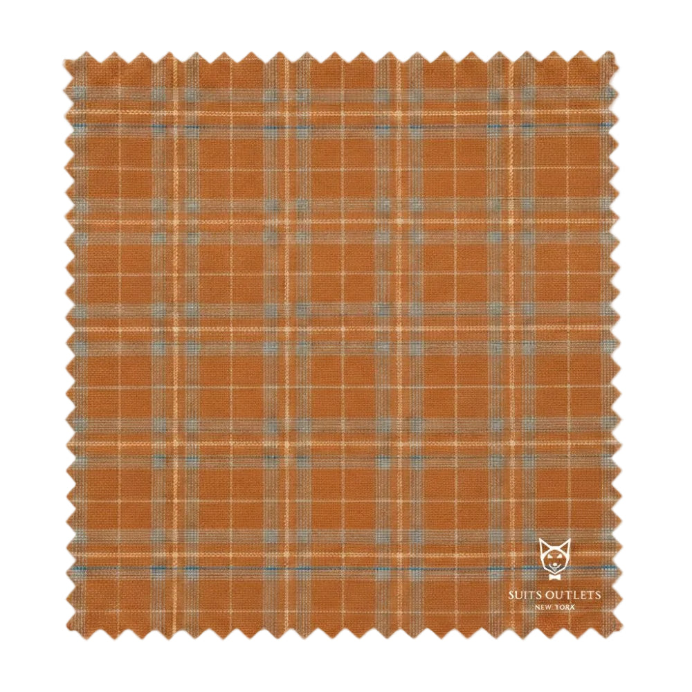 Plaid fabric swatch with orange and gray pattern on a white background, featuring Suits Outlets logo.