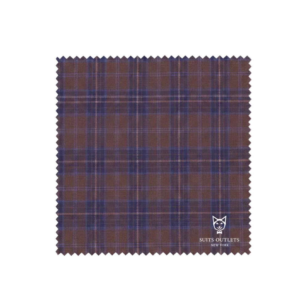 Plaid fabric swatch with brown and blue pattern on a white background, featuring a brand logo.