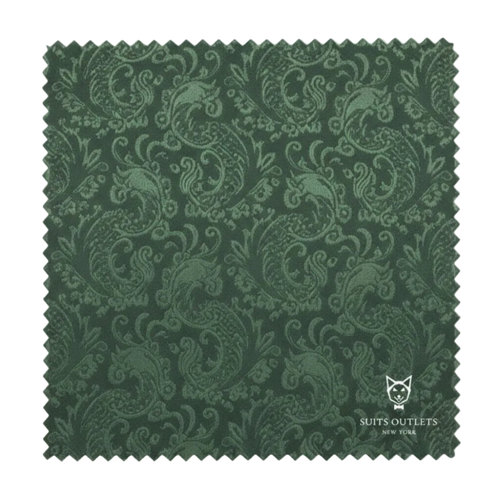 Green patterned fabric swatch with 'Suits Outlets' branding on a white background