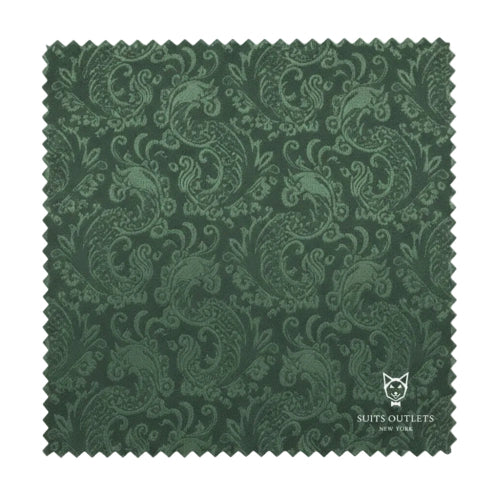 Green patterned fabric swatch with 'Suits Outlets' branding on a white background