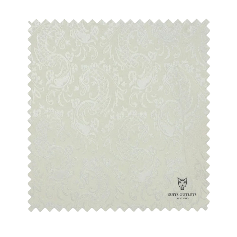 Ivory fabric swatch with intricate pattern and 'Suits Outlets' branding.