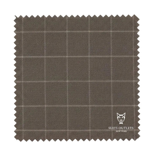 Brown plaid fabric swatch with a brand logo in the corner