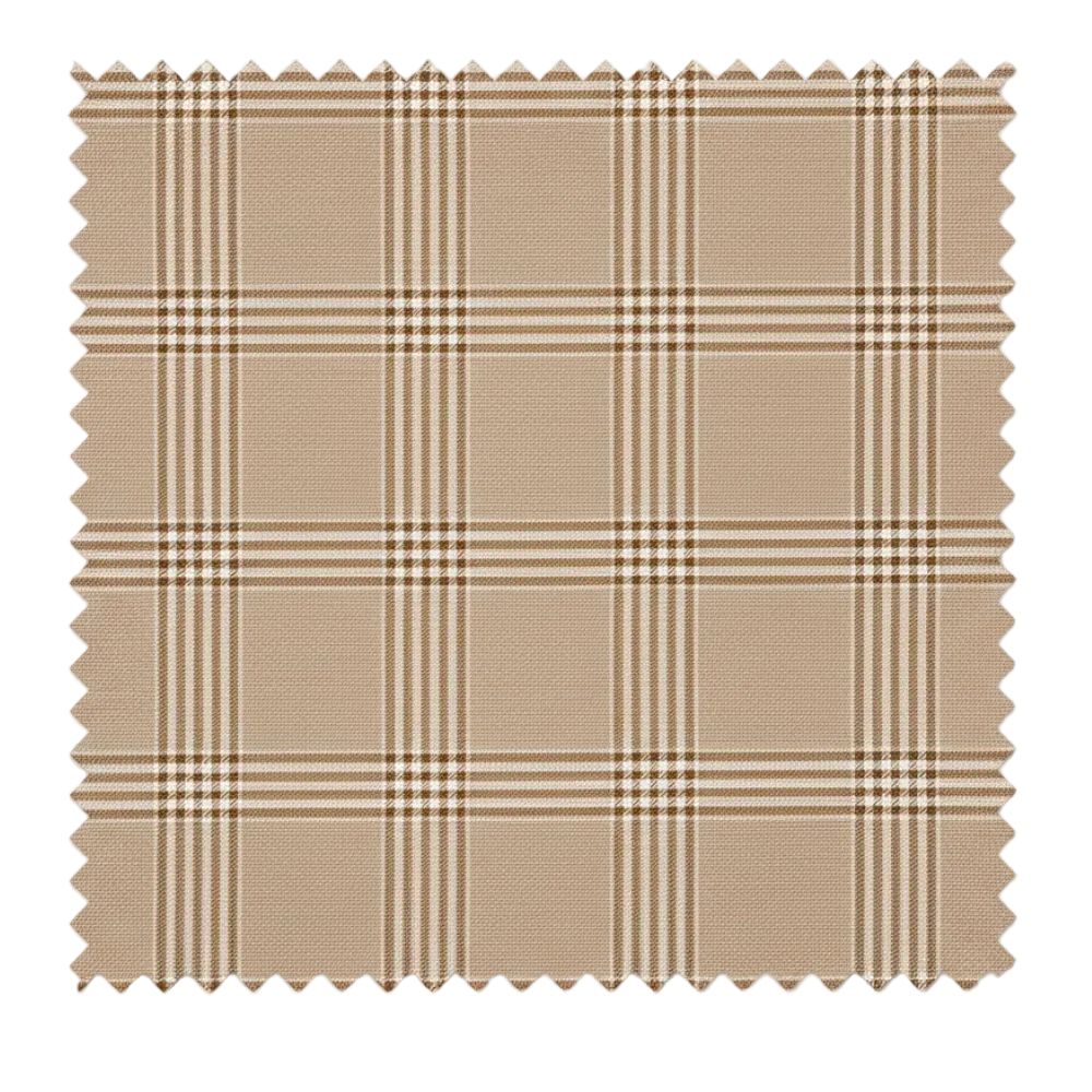 Fabric swatch with a plaid pattern in beige and brown on a white background