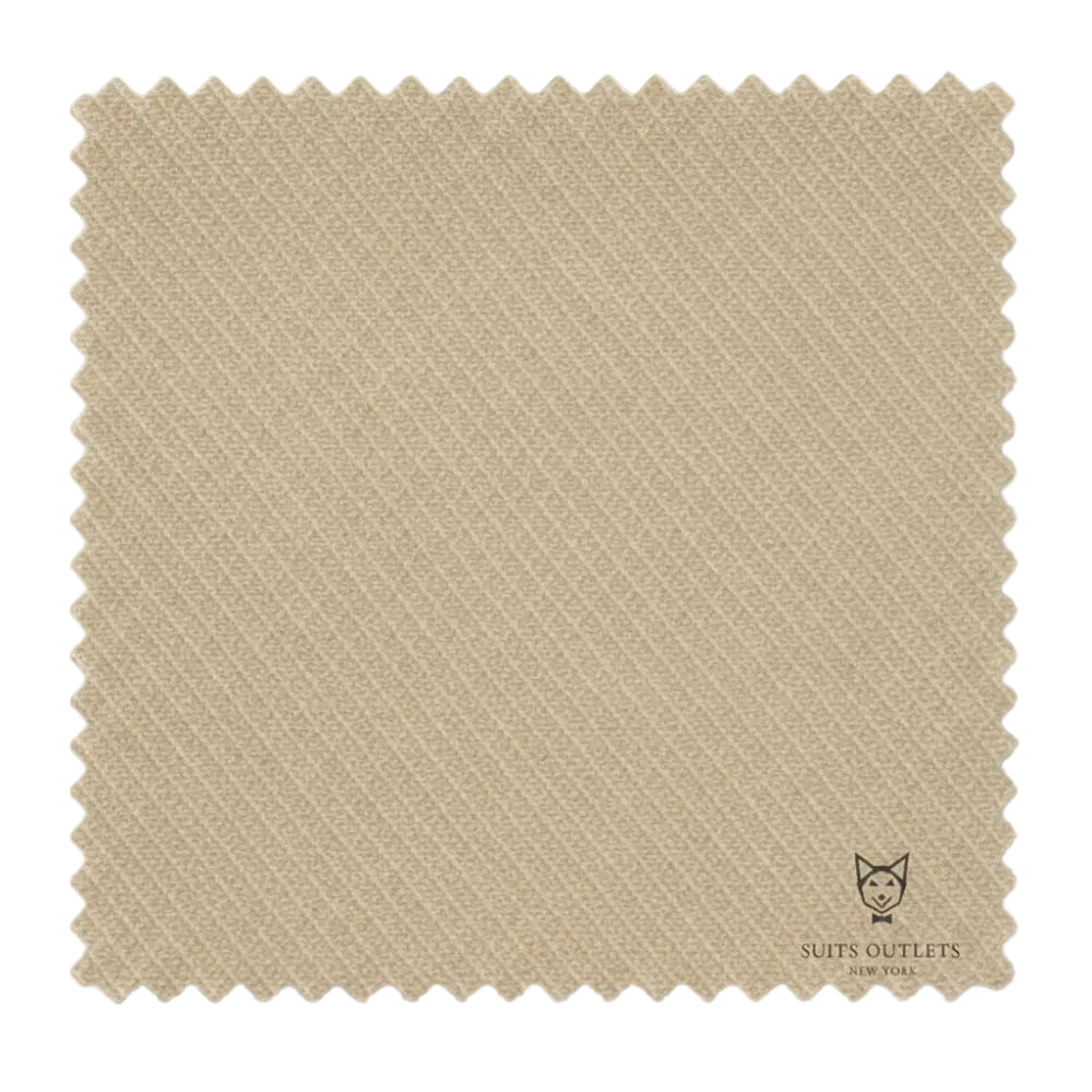 Detailed close-up of solid beige tuxedo fabric weave for the Modern Fit 2 Piece Double Breasted Tuxedo.