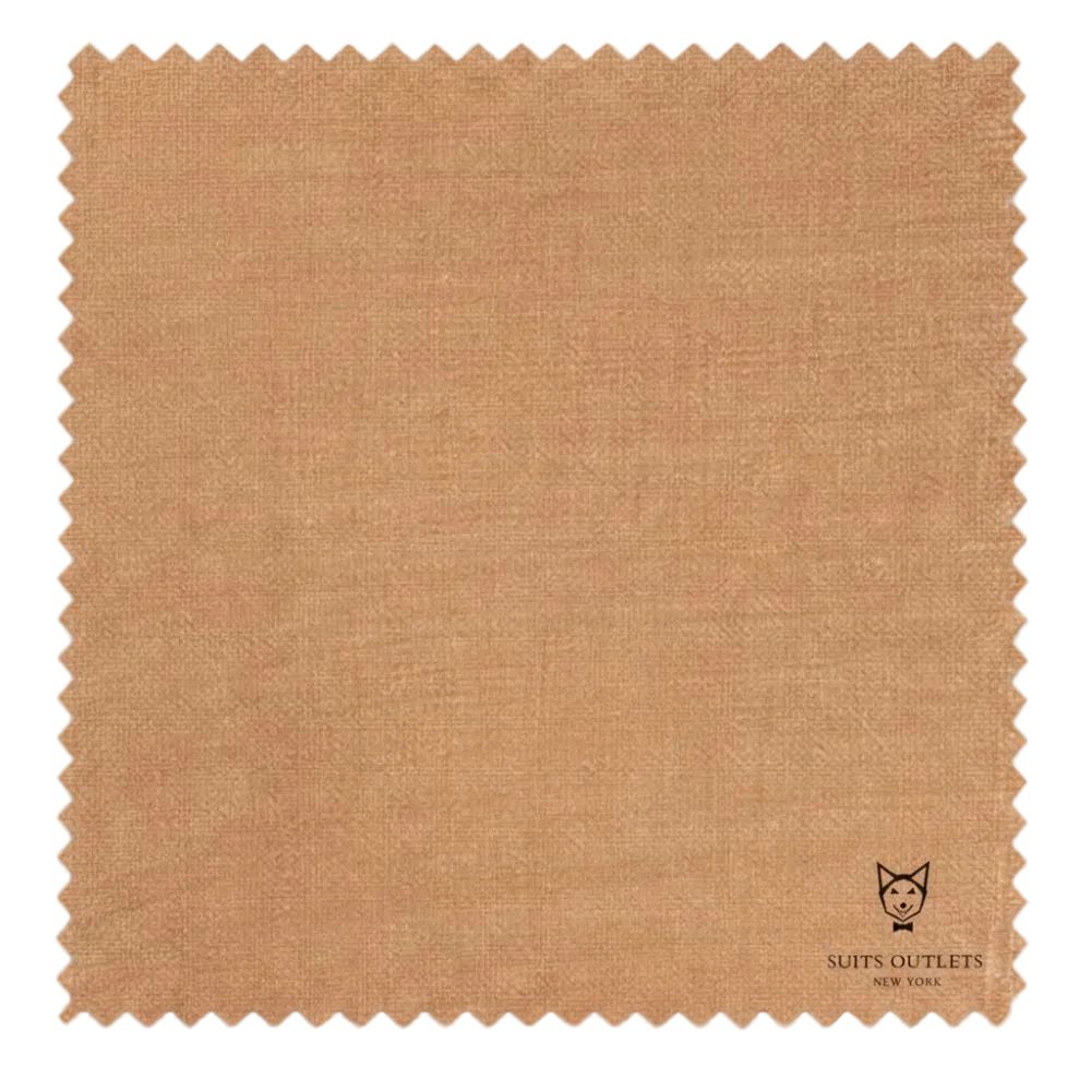 Swatch of brown fabric with 'Suits Outlets New York' logo.