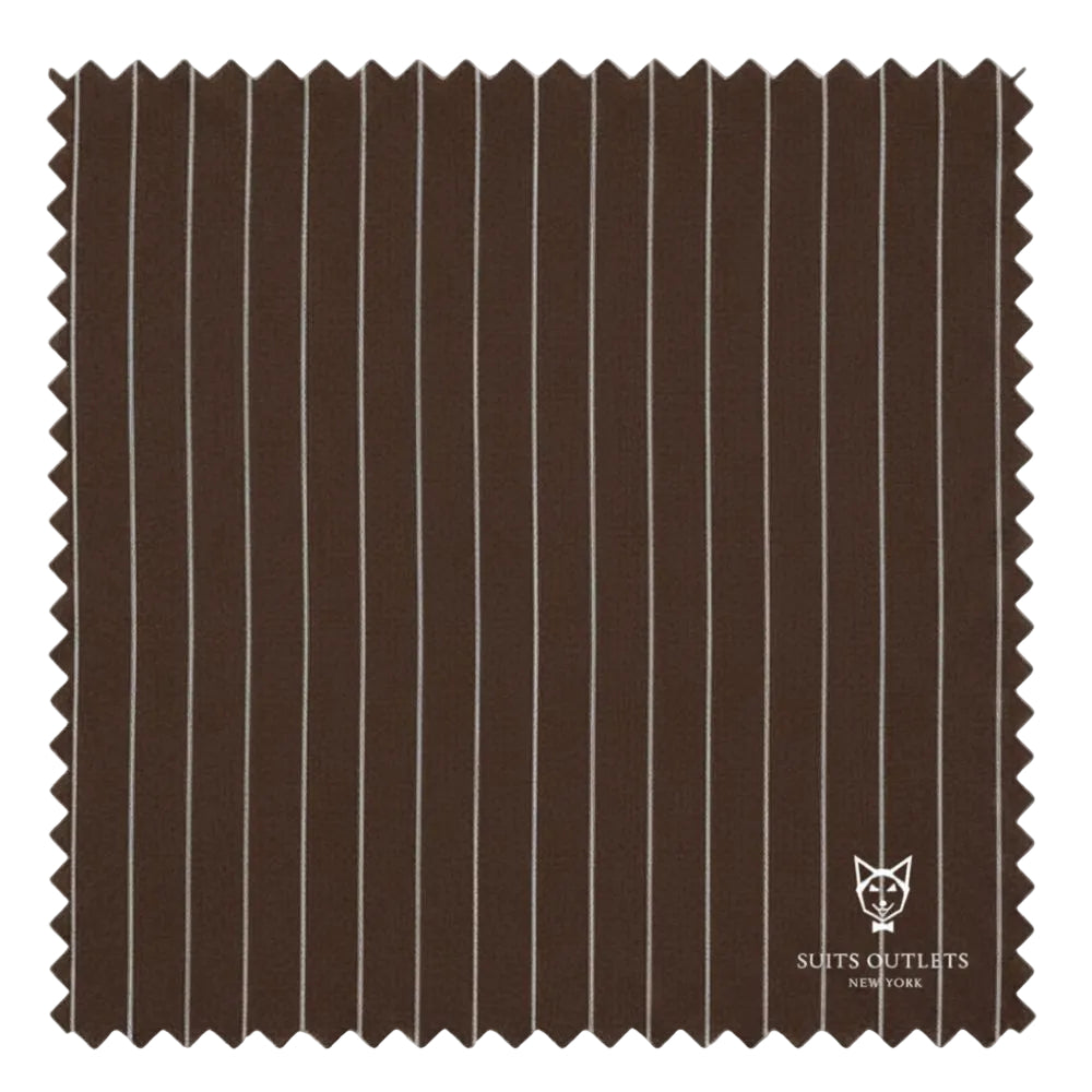 Detailed close-up of the brown gangster stripe fabric from the Odyssey Collection Regular Fit 3 Piece 2 Button Suit.