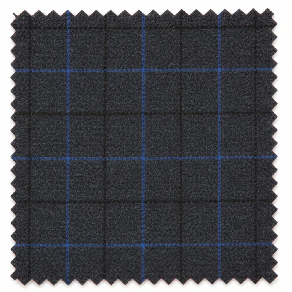 Fabric swatch with black and blue check pattern on a white background