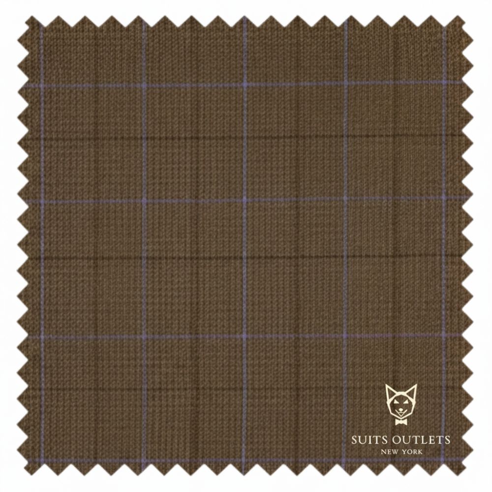 Detailed close-up of the taupe Glen Plaid fabric from the Venetian Collection Regular Fit 2 Button 3 Piece Suit.