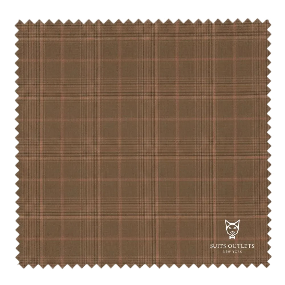 Detailed close-up of the chestnut Glen Plaid checkered fabric from the Renaissance Collection Regular Fit 3 Piece Suit.