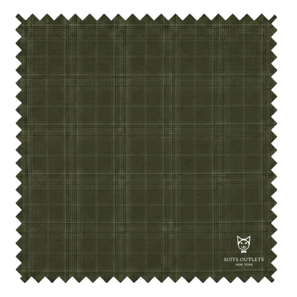 Close-up of Olive Glen Plaid checkered fabric weave for Renaissance Collection Regular Fit 3 Piece Suit.