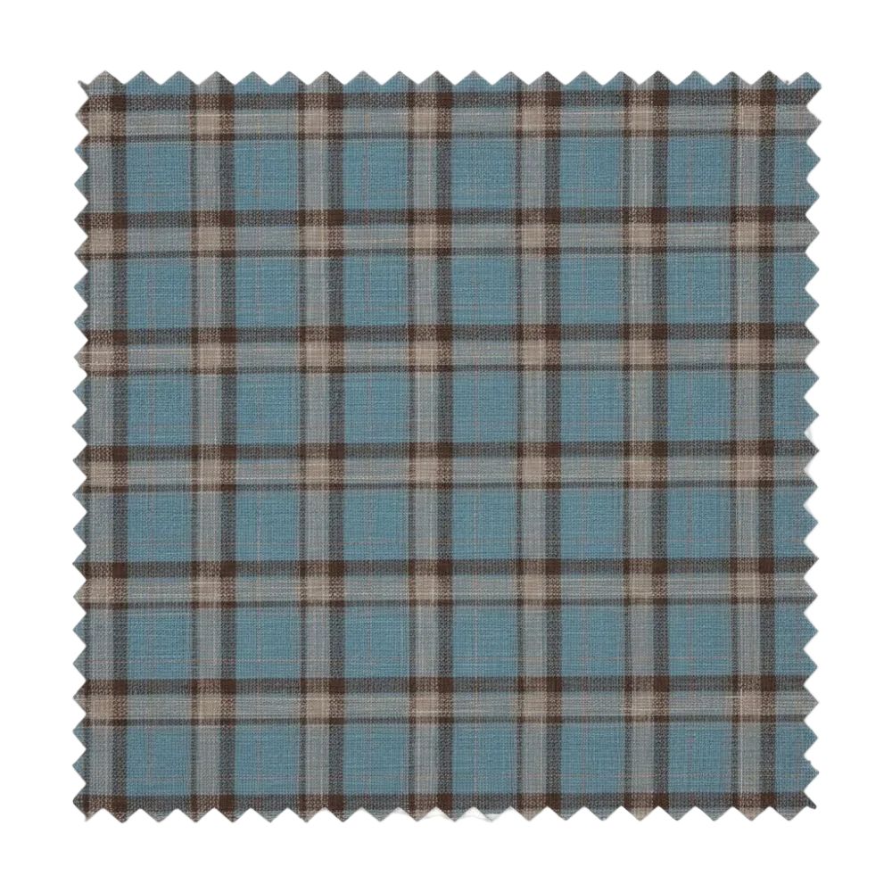 Plaid fabric swatch with blue and brown pattern on a white background