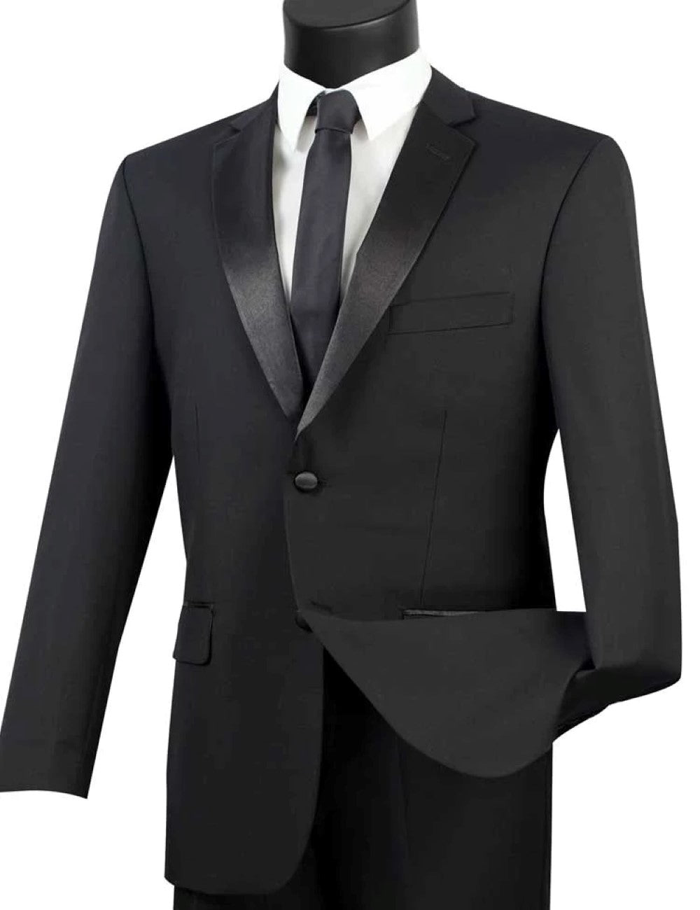 Solid Vinci Regular Fit Satin Lapel 2 Piece Black Tuxedo jacket showing satin lapels, collar, buttons, tie, and pocket.