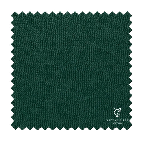 A square fabric swatch with serrated zigzag edges in a deep forest green color, featuring a small white logo for 'Suits Outlets New York' in the bottom right corner, set against a plain white background.