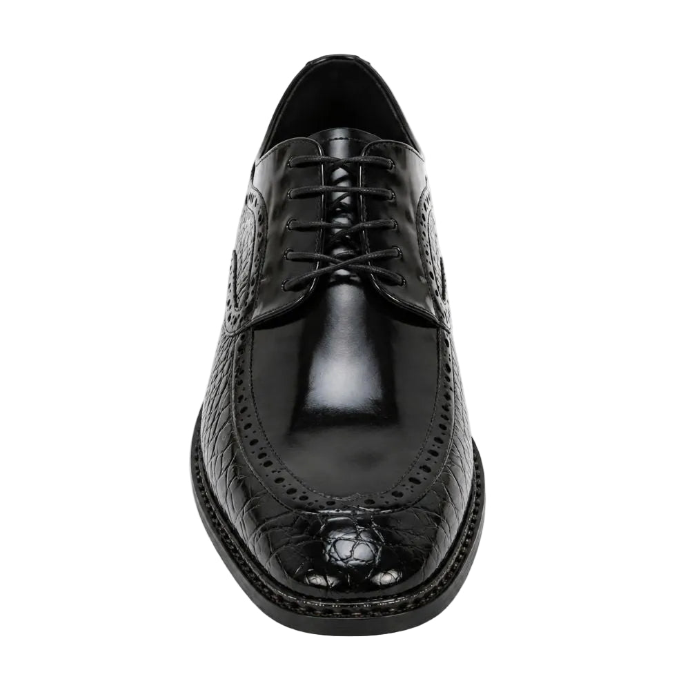 A single black leather wingtip oxford shoe with a glossy finish, embossed crocodile pattern on the toe, and decorative brogue perforations, shown from a top-down view on a white background.