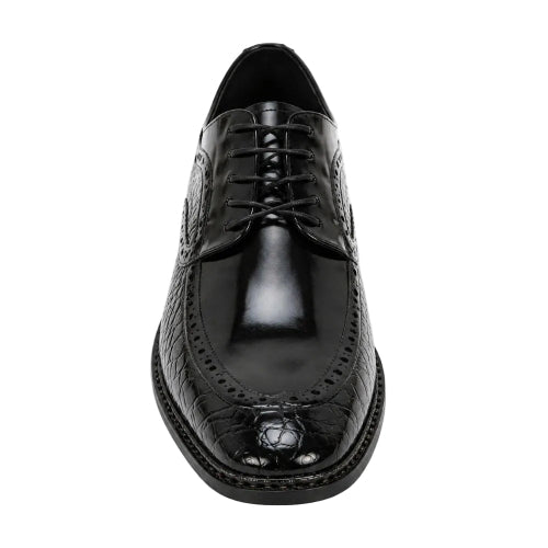 A single black leather wingtip oxford shoe with a glossy finish, embossed crocodile pattern on the toe, and decorative brogue perforations, shown from a top-down view on a white background.