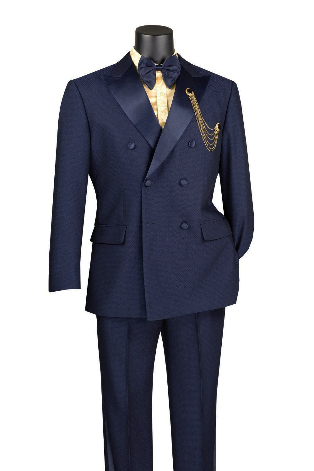 Solid navy Modern Fit 2 Piece Double Breasted Tuxedo jacket showing collar, buttons, pockets, and an oversized bow tie.