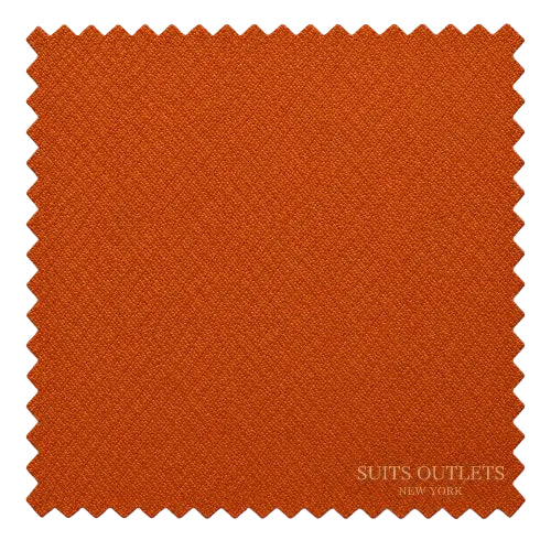 A square fabric swatch with zigzag cut edges in a warm rust-orange color, shown on a light gray background. The text 'SUITS OUTLETS NEW YORK' appears in the lower right corner of the swatch.