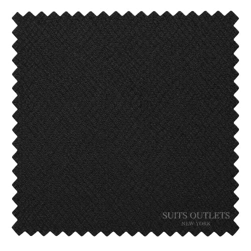 A square black fabric swatch with zigzag-cut edges, shown on a light gray background. The bottom right corner is printed with the text 'SUITS OUTLETS NEW YORK' in white.