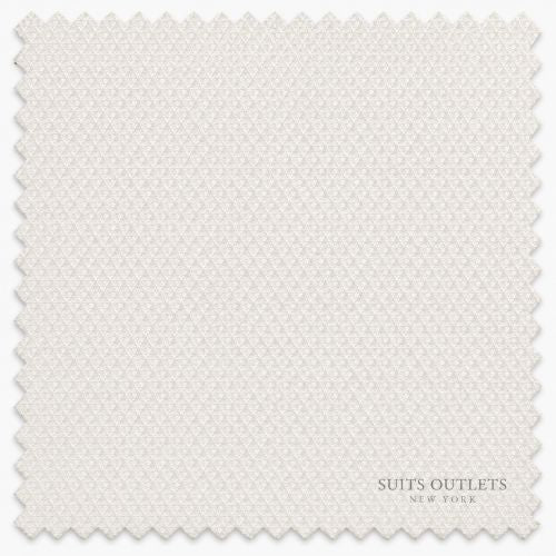 A square fabric swatch with serrated edges in a light warm off-white or cream tone, showing a subtle repeating geometric texture. The text 'SUITS OUTLETS NEW YORK' appears in the lower right corner.