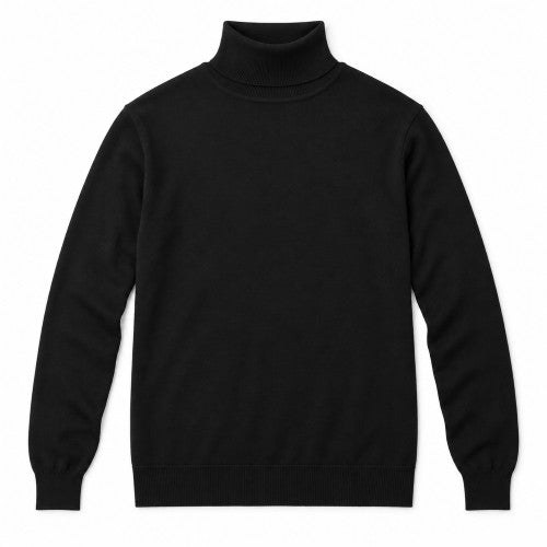 A black long-sleeve knit turtleneck sweater displayed flat against a solid white background.