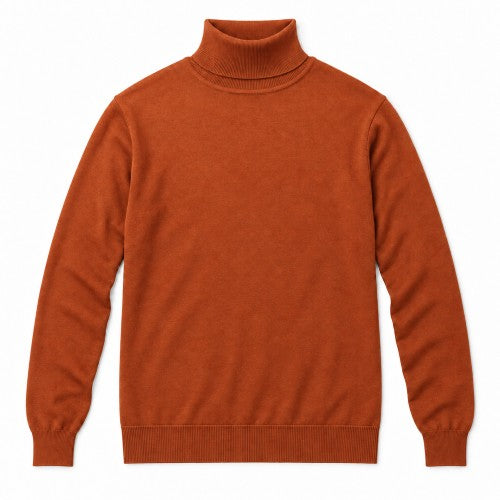 A rust-orange knit turtleneck sweater with long sleeves, ribbed collar, cuffs, and hem, displayed flat against a solid white background.