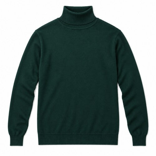 A dark forest green knit turtleneck sweater with long sleeves, ribbed collar, cuffs, and hem, displayed flat against a solid white background.