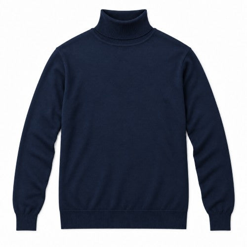 A dark navy blue knit turtleneck sweater with long sleeves, ribbed collar, cuffs, and hem, displayed on a clean white background.