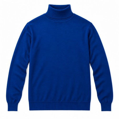 A royal blue knit turtleneck sweater with long sleeves, ribbed collar, cuffs, and hem, displayed flat against a solid white background.