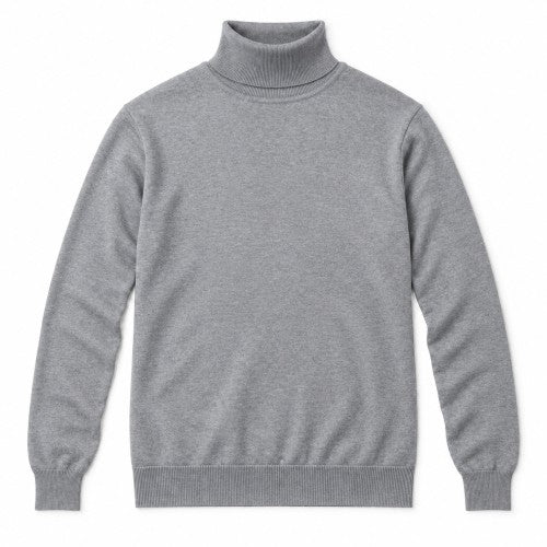 A light gray heathered knit turtleneck sweater with ribbed collar, cuffs, and hem, displayed flat against a plain white background.