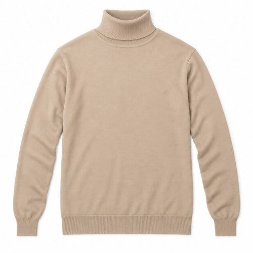 A light beige knit turtleneck sweater with long sleeves, ribbed collar, cuffs, and hem, displayed flat against a white background.